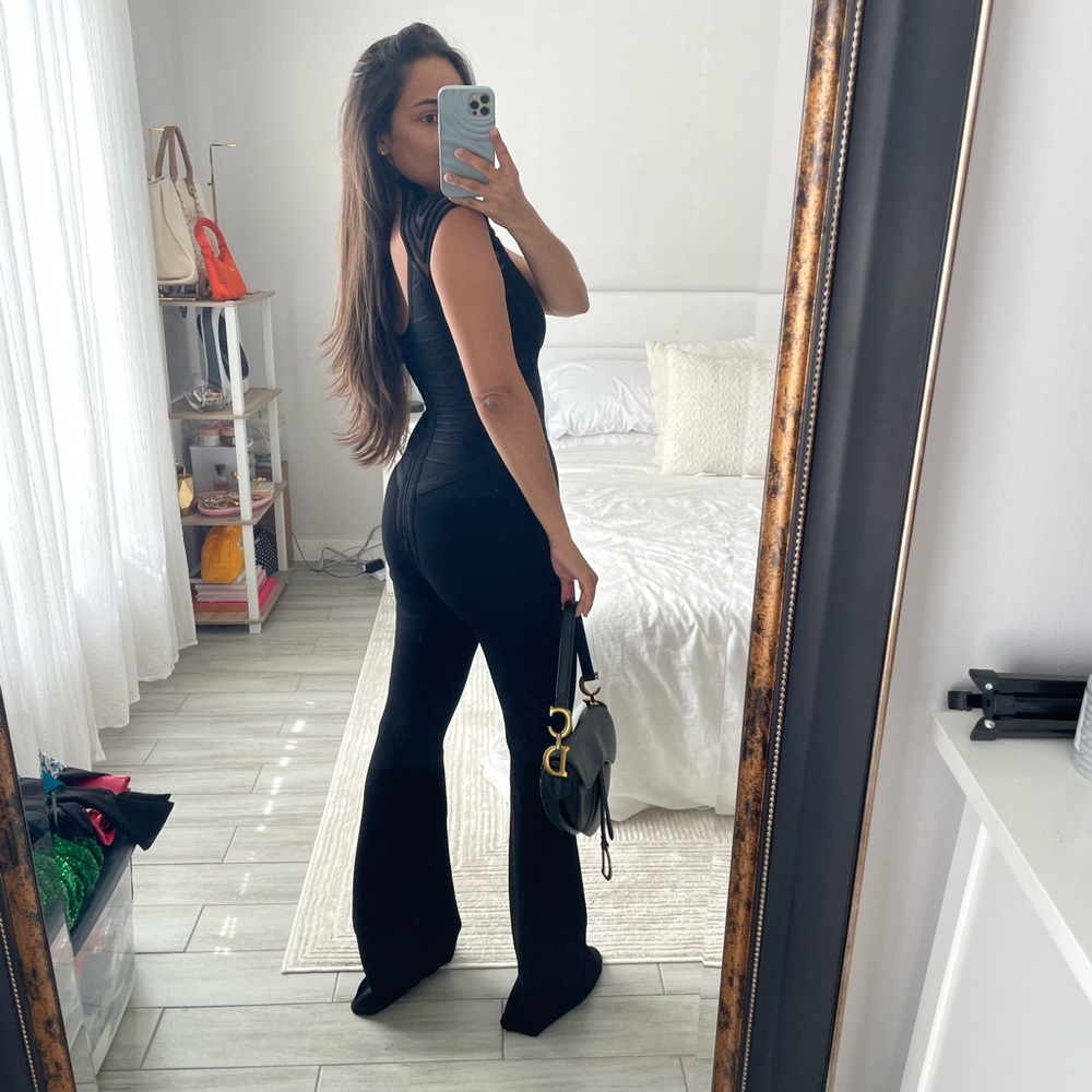 Herve Leger Black Marian Bandage Wide-Leg Flare Jumpsuit - Picture 4 of 7